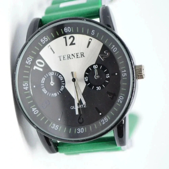 Terner Quartz Black Silver Green Band Wrist Watch - Picture 1 of 5